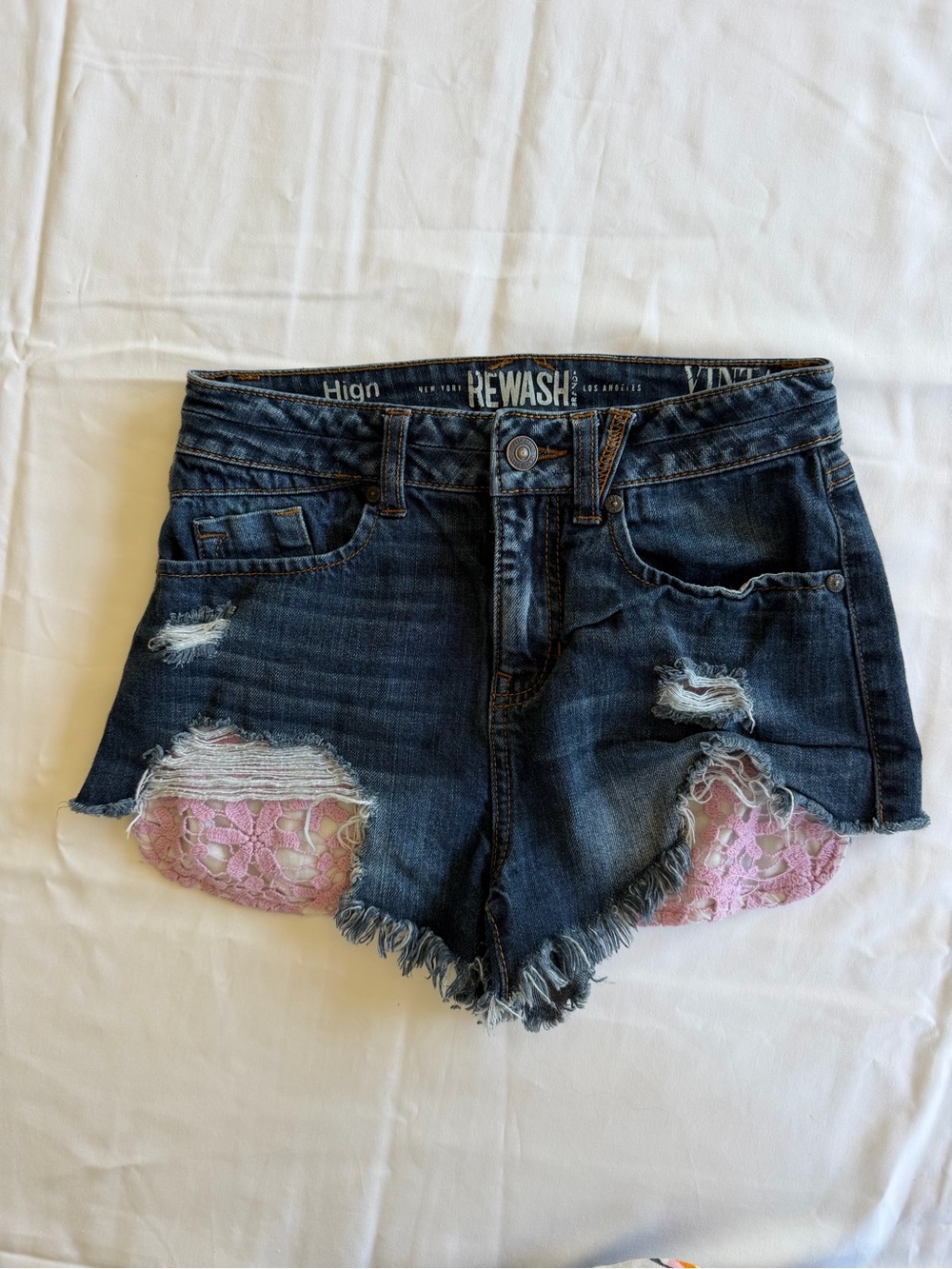 Rewash Dark Wash Denim Shorts with Pink Lace Panels